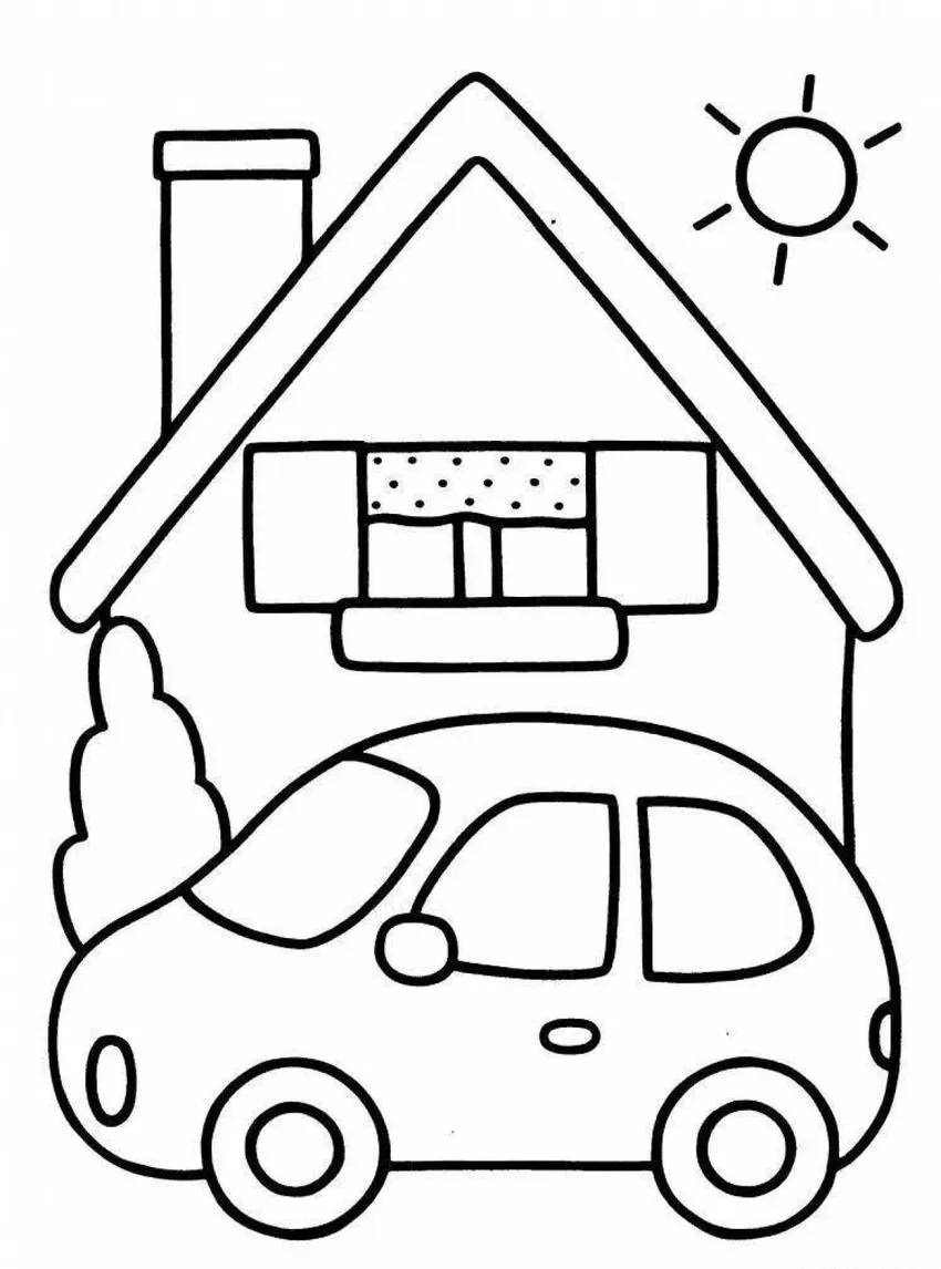 Tranh tô màu nhà với xe hơi cho ngày cuối tuần thú vị