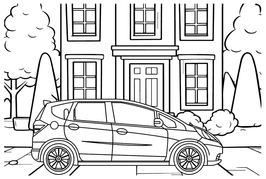 Tranh tô màu cảnh nhà và xe hơi giúp bé phát triển tư duy