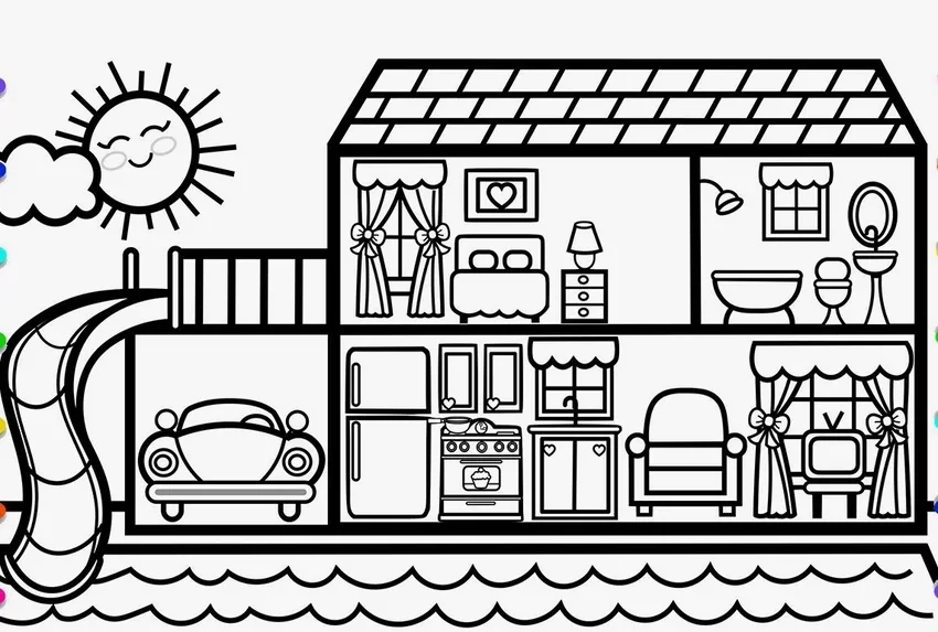 Tranh tô màu nhà & xe ô tô cho trẻ em sáng tạo không giới hạn