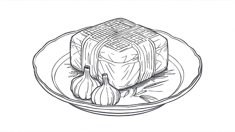 Bé tập tô bánh chưng vuông vức nằm trên mâm cỗ