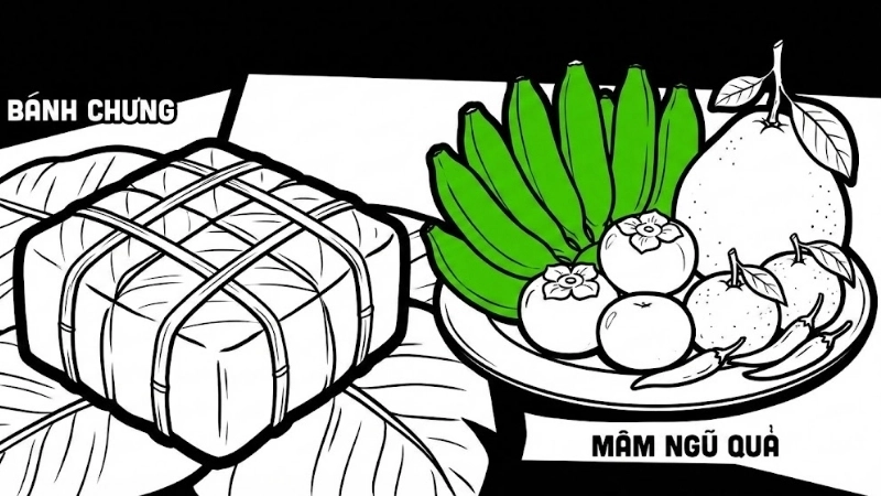 Tranh tô màu gói bánh chưng cùng ông bà và các cháu