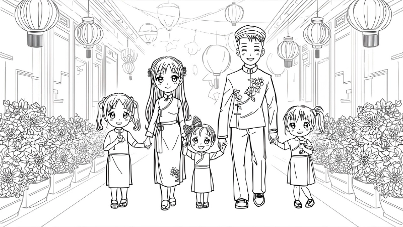 Tranh tô màu tết sum vầy bên mâm cơm gia đình