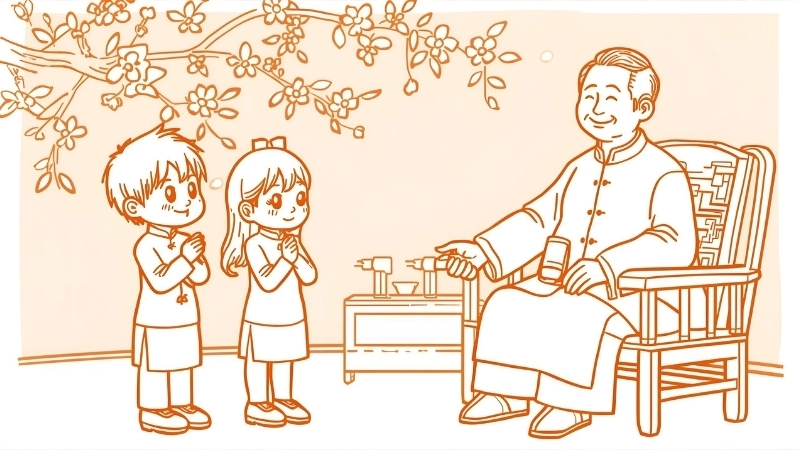 Tranh tô màu ngày tết quê em với cành đào nở rộ