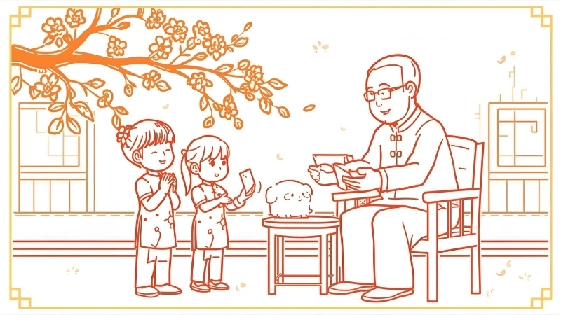 Tranh tô màu bé nhận lì xì và chúc tết người lớn