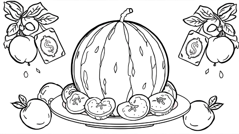 Hình tô màu dưa hấu ngày tết với nơ đỏ may mắn