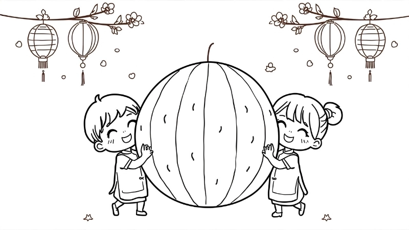 Bé tập tô quả dưa hấu với đường nét đơn giản dễ thương