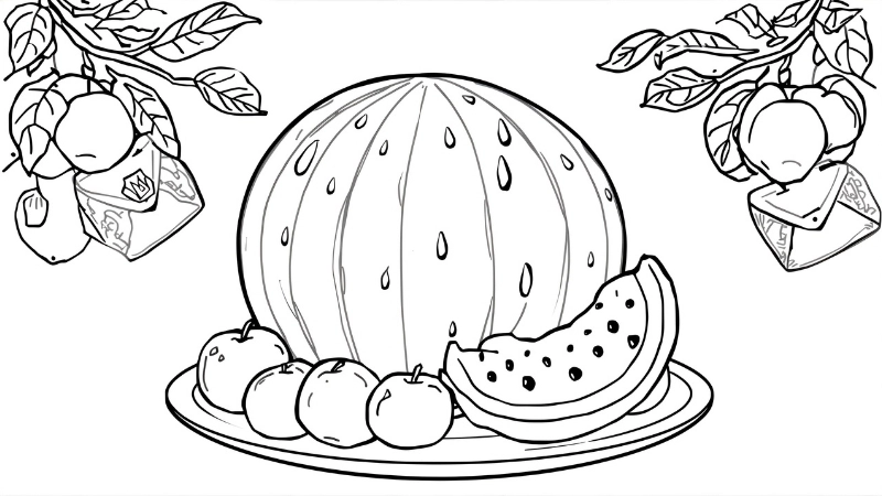 Tranh tô màu quả dưa hấu tròn trịa căng mọng ngày xuân