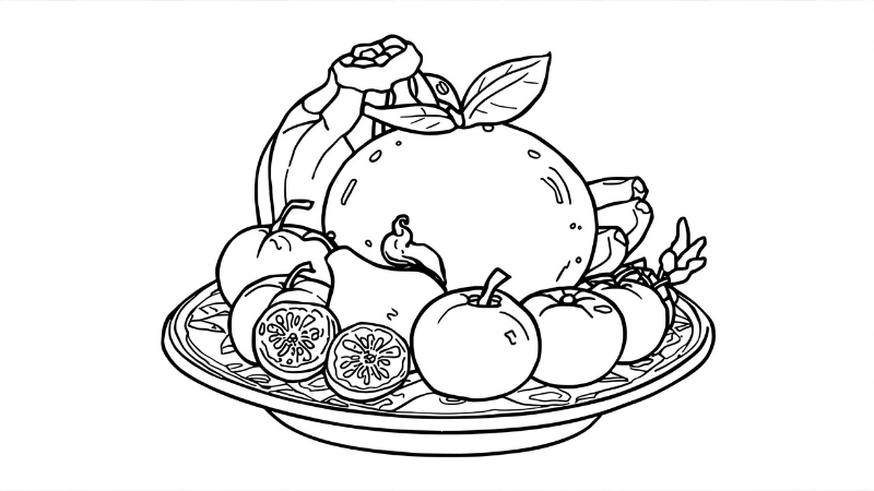 Tranh tô màu mâm ngũ quả ngày tết với nét vẽ đơn giản