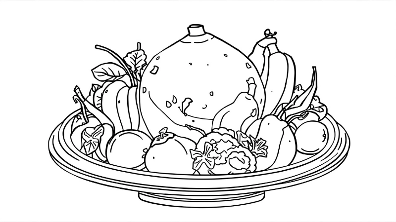 Bé tập tô màu nải chuối và quả bưởi trên mâm ngũ quả