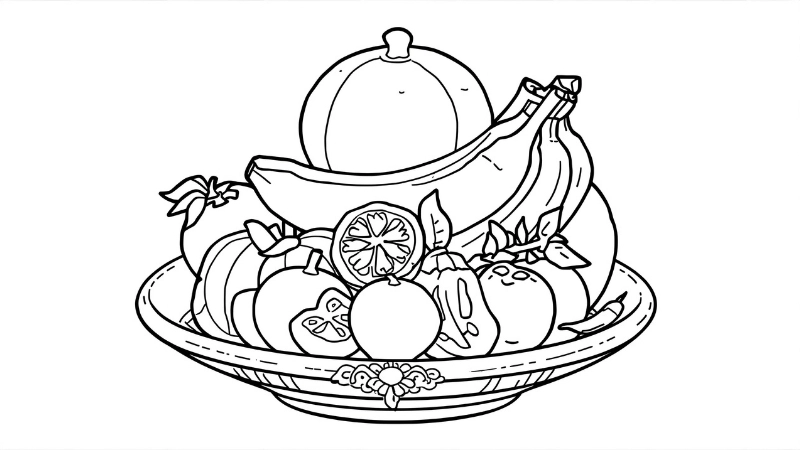 Mẫu tranh tô màu mâm ngũ quả và bánh chưng ngày tết