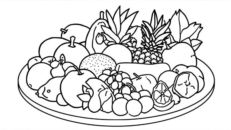 Tranh tô màu trái dừa và trái xoài trên mâm quả ngày tết