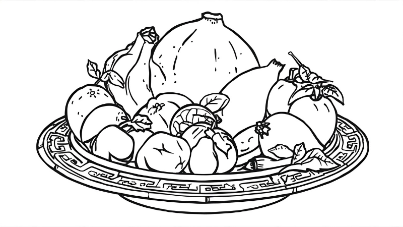 Tranh tô màu mâm quả tết phong cách hoạt hình ngộ nghĩnh