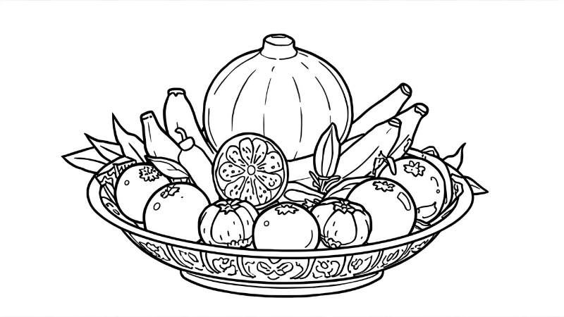 Bé tô màu các loại trái cây ngày tết như dưa hấu và đu đủ