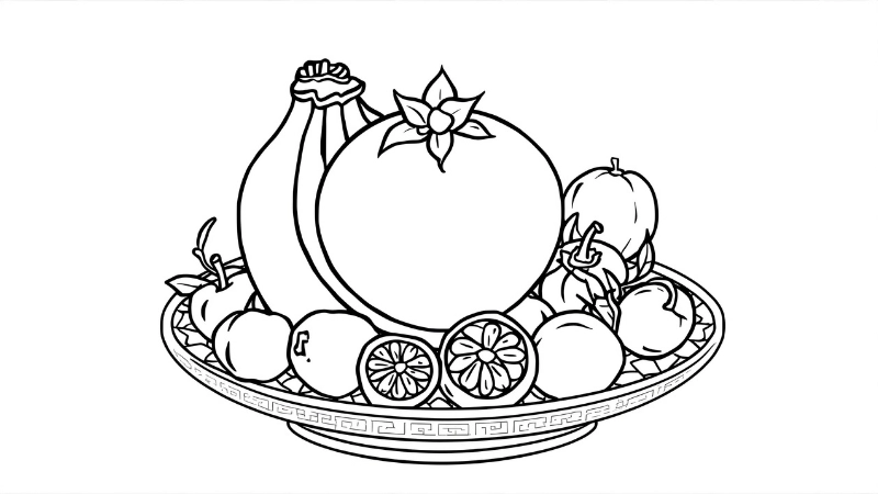 Bé tập tô màu mâm quả ngày tết cùng hoa đào và hoa mai