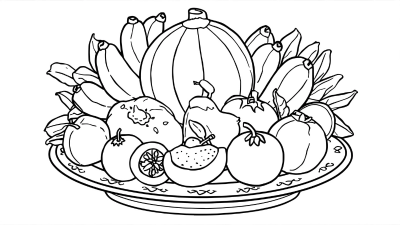 Hình ảnh bé đang tô màu mâm ngũ quả cùng gia đình