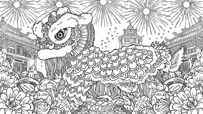 Hình vẽ đầu lân tô màu chi tiết cho bé trai