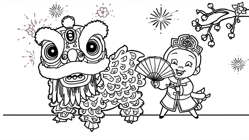 Tranh tô màu ông địa và con lân vui nhộn hài hước