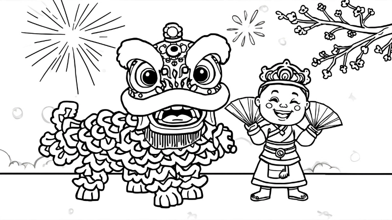 Mẫu tranh tô màu múa lân ngày tết cổ truyền việt nam