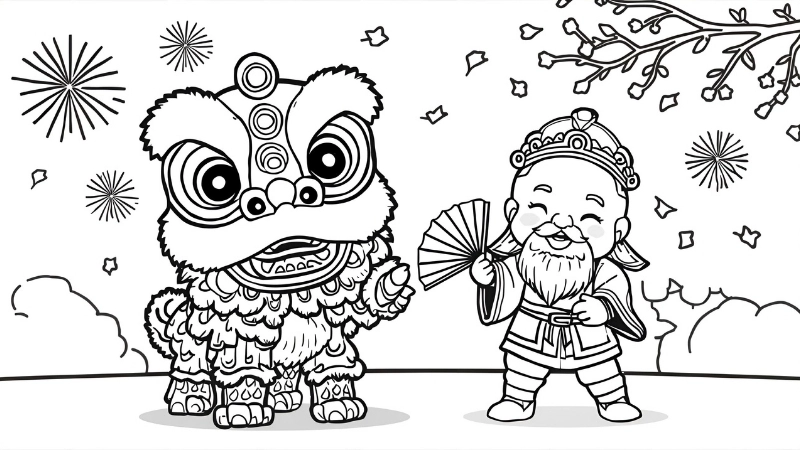 Hình ảnh múa lân đen trắng sắc nét để bé tập tô