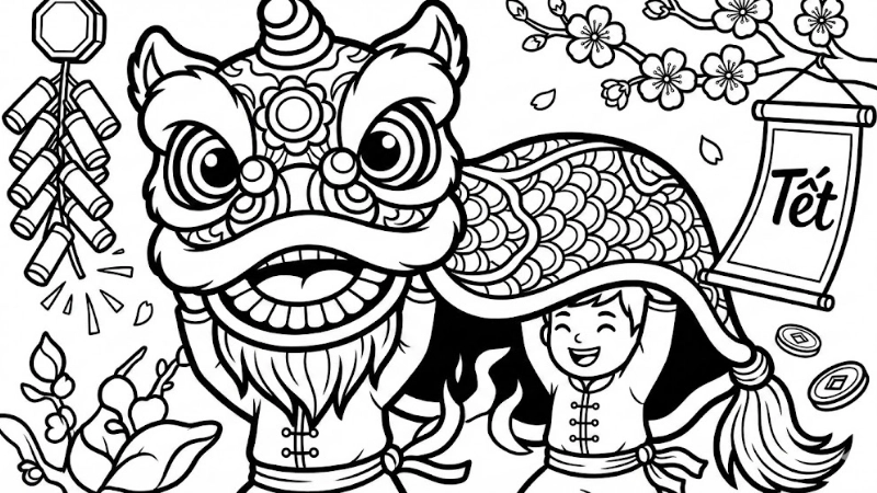 Tranh tô màu đầu lân với hoa văn truyền thống tinh xảo