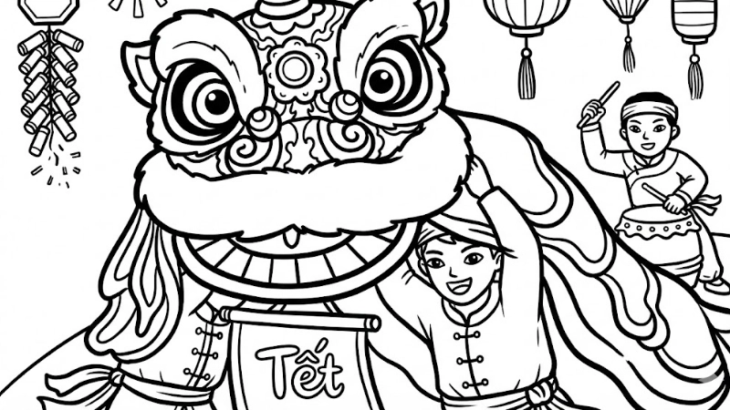 Bé vui chơi bên tranh tô màu múa lân trung thu rực rỡ
