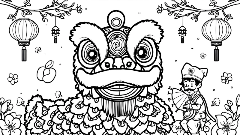 Bản vẽ múa lân tết nguyên đán tô màu sinh động