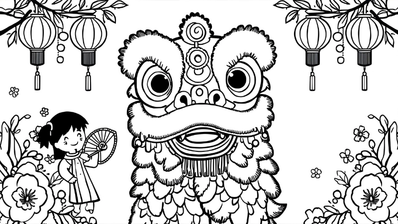 Hình tô màu lân sư rồng chi tiết sắc sảo cho bé lớn