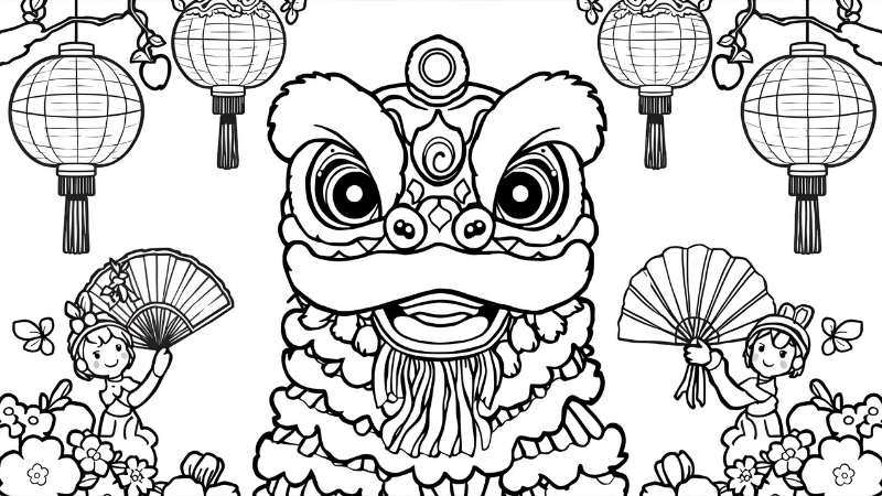 Tranh tô màu lễ hội múa lân náo nhiệt đường phố