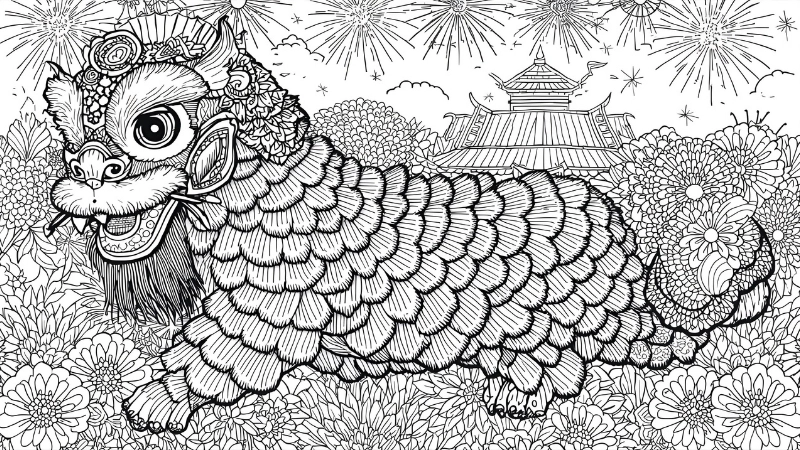 Tranh tô màu múa lân sư rồng oai phong ngày tết