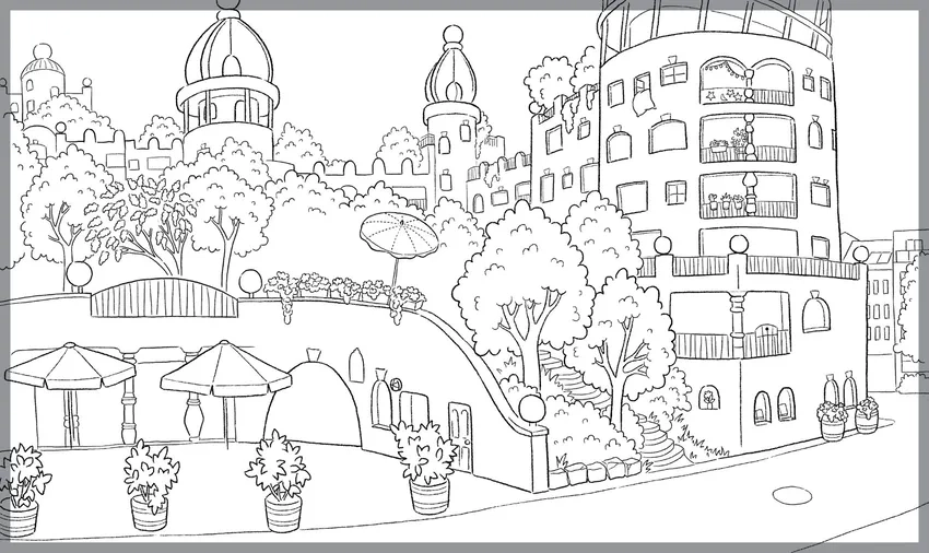 Tranh tô màu cảnh đô thị tươi sáng và đầy sắc màu