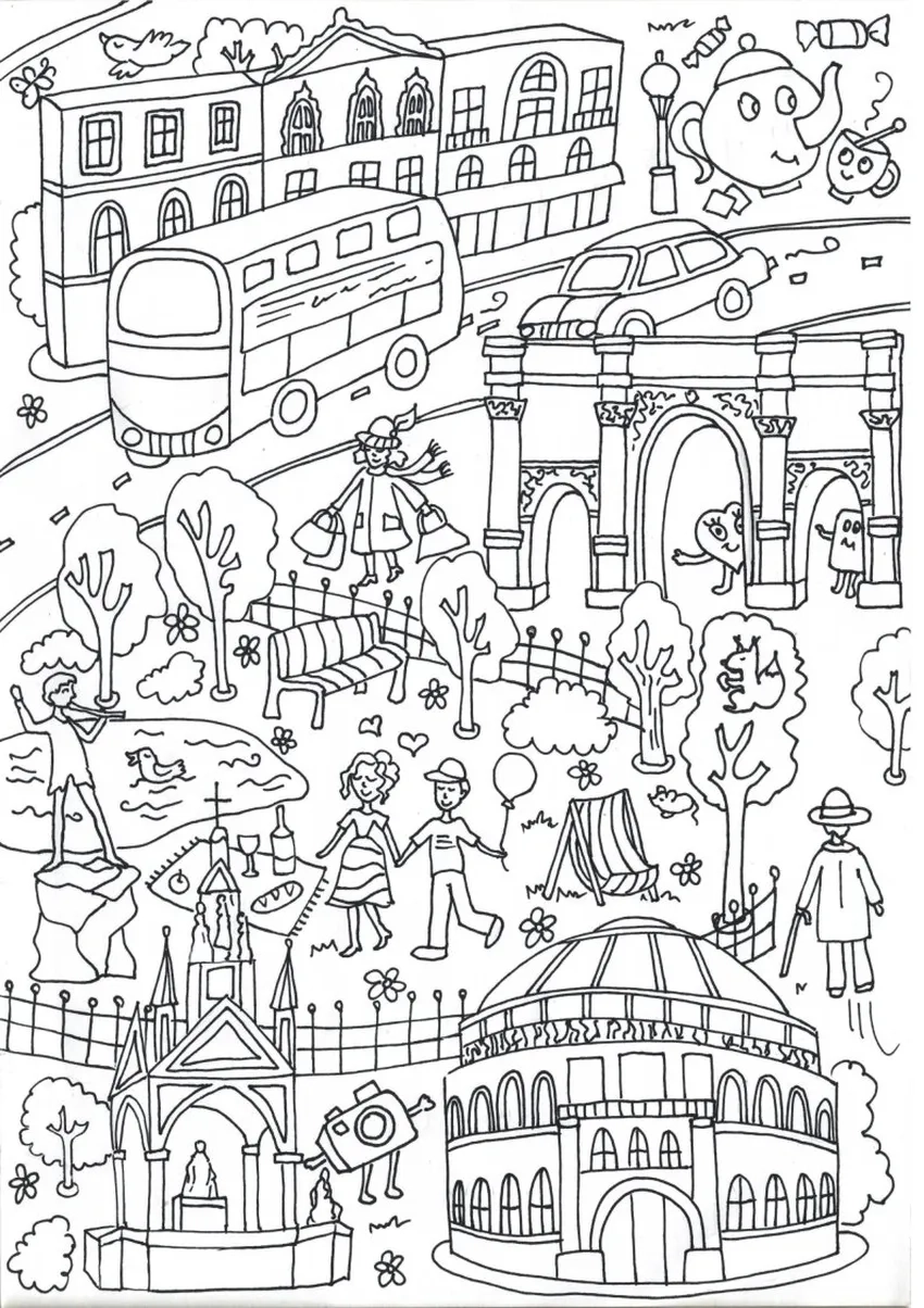 Tô màu cảnh phố nhộn nhịp với các hoạt động thường nhật