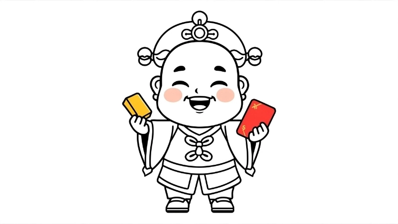 Hình vẽ tranh tô màu bé cầm bao lì xì cười tươi rạng rỡ