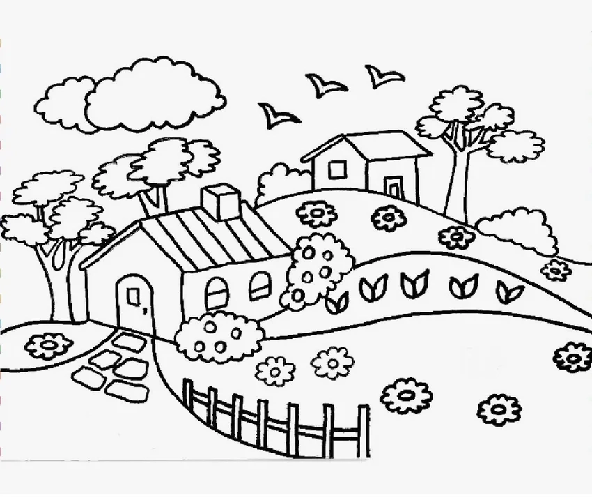 Tô màu tranh tô màu cây cối làng quê xanh mát