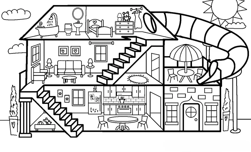 Tranh tô màu nhà 2 tầng có cửa sổ sinh động và thú vị