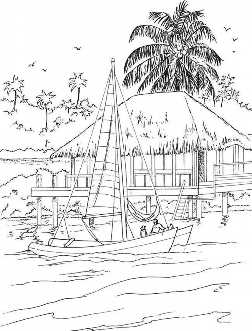 Thư giãn cùng tranh tô màu nhà bên biển dịu mát