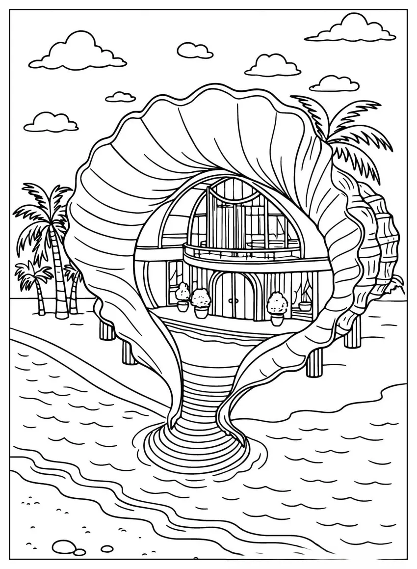 Tô màu tranh tô màu biển và nhà sống động và vui nhộn