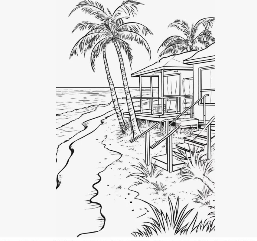 Tô màu tranh tô màu hình nhà bên biển xinh xắn