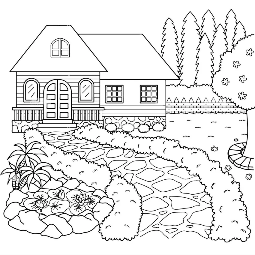 Tô màu tranh tô màu nhà nông thôn vườn cây giản dị và đẹp mắt