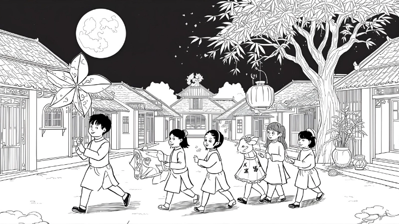 Hình vẽ tranh tô màu chị hằng chú cuội ngồi bên gốc đa