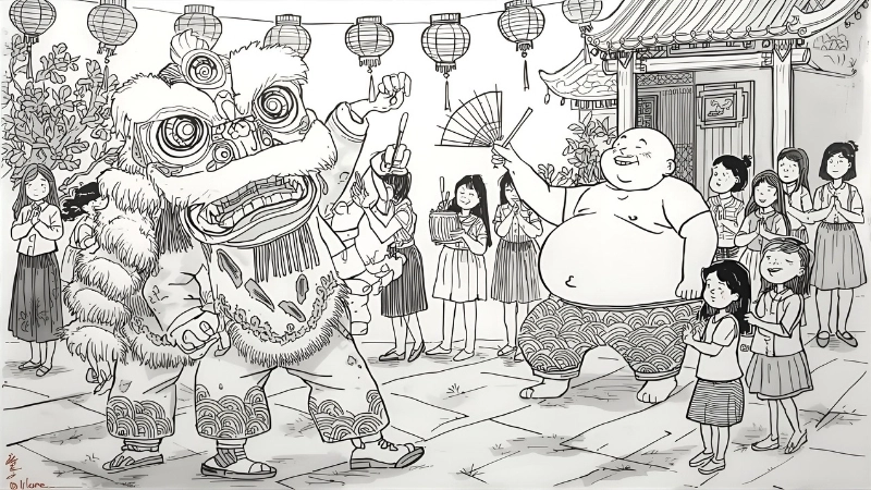 Bức tranh tô màu bé vui tết trung thu cùng bạn bè