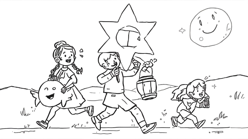 Bé trai thích thú với tranh tô màu rước đèn ông sao