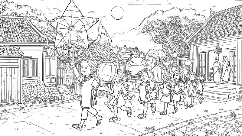 Khung cảnh tranh tô màu đêm hội trăng rằm náo nhiệt