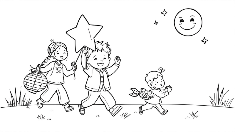 Tranh tô màu lồng đèn ông sao năm cánh lấp lánh