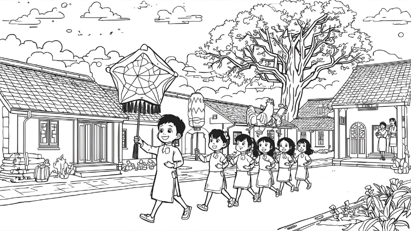 Tranh tô màu lồng đèn cá chép hóa rồng sinh động